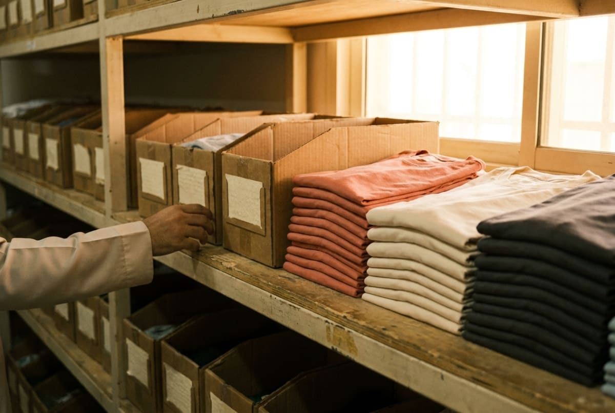 Neatly labeled inventory bins and folded apparel on warm warehouse shelving