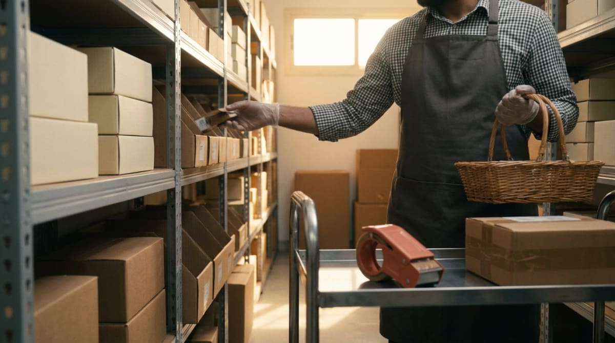 An organized warehouse with shelved boxes and workers preparing orders
