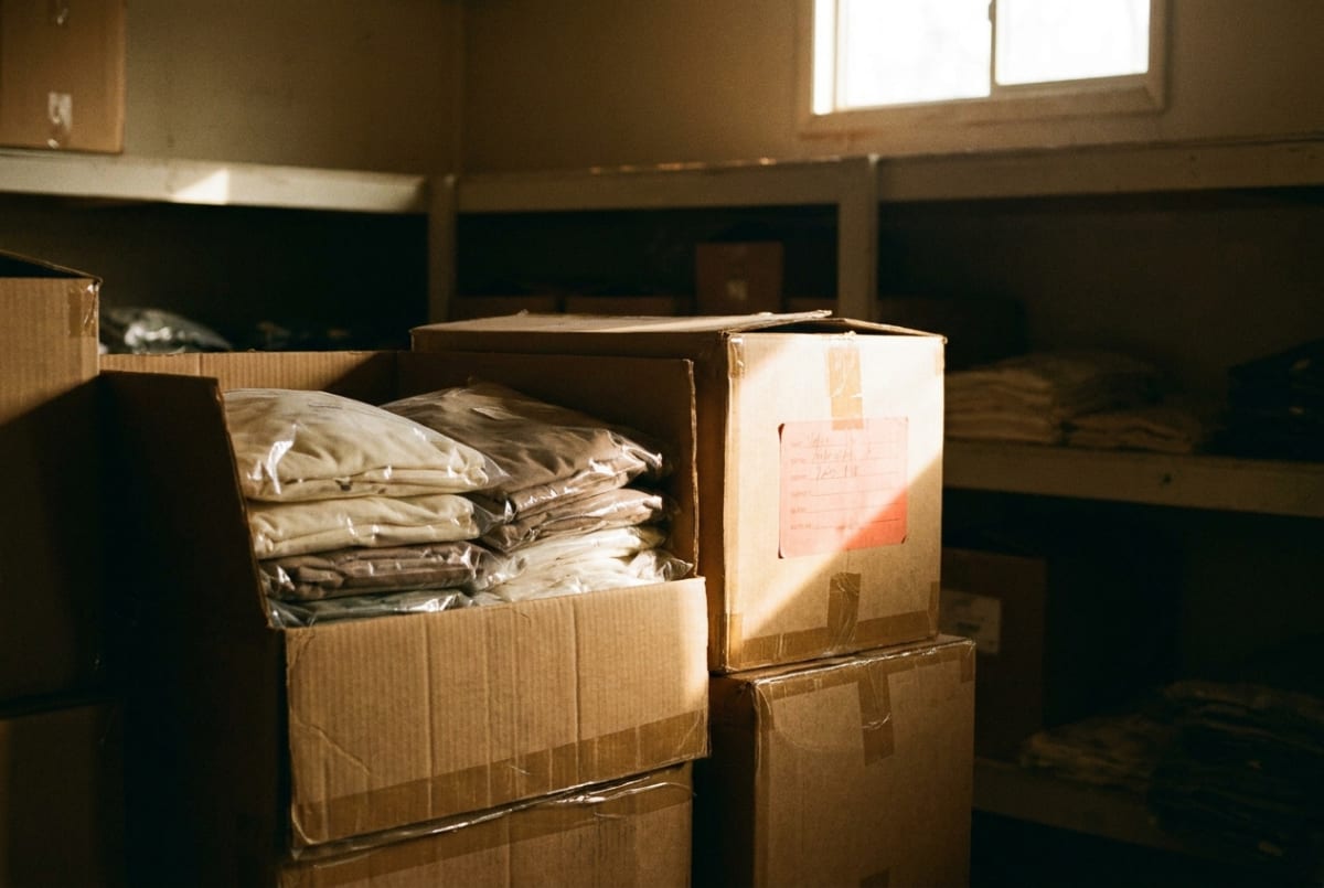 Folded inventory in boxes inside a storeroom, capital frozen and waiting to sell