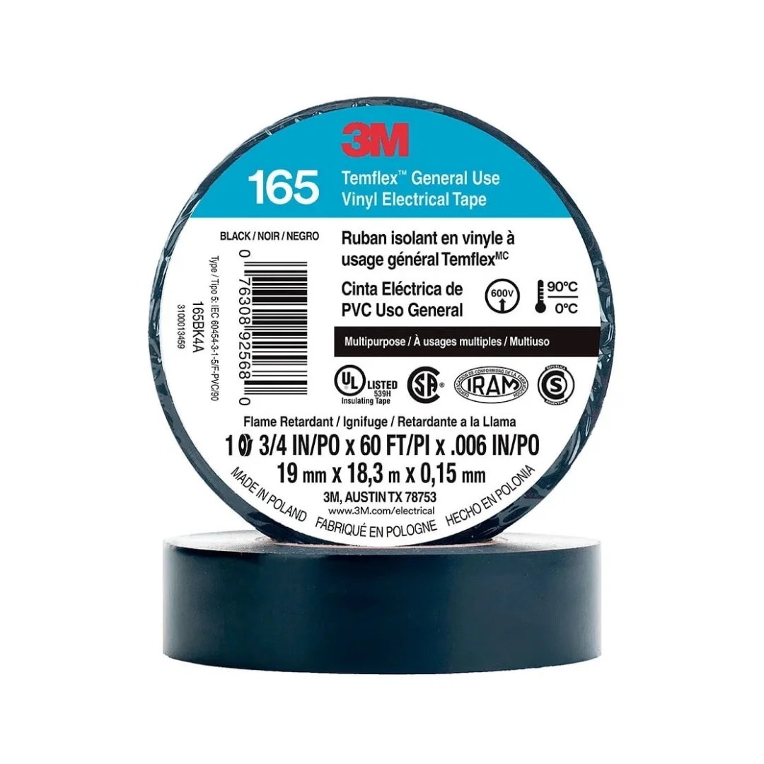 CINTA AISL. TEMFLEX 165 VINILO 3/4"X 18MTS NEGRO 3M CINTA AISL. TEMFLEX 165 VINILO 3/4"X 18MTS NEGRO 3M