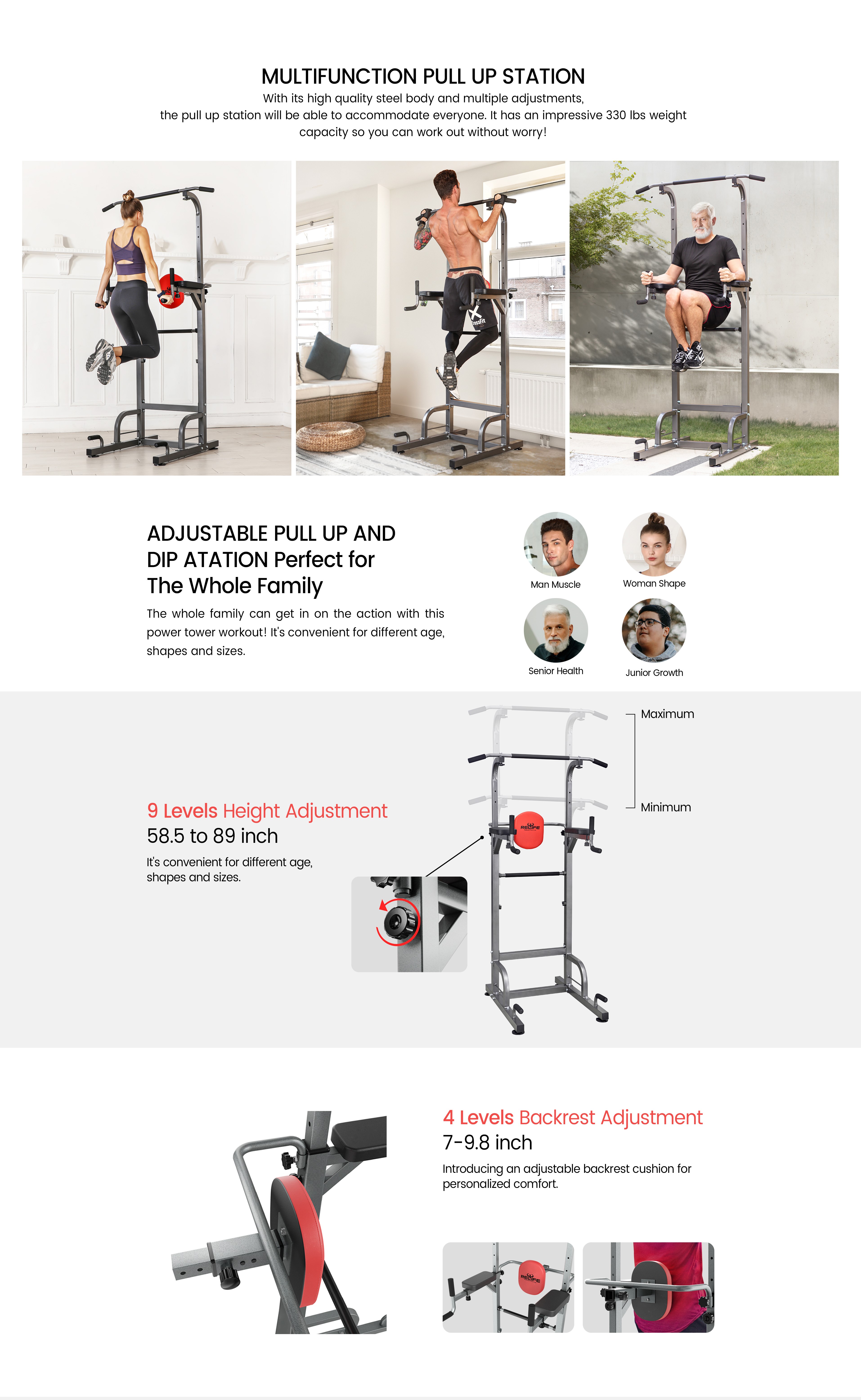 RELIFE REBUILD YOUR LIFE Power Tower Workout Stand Multifunction Pull Up Fitness Machine for Home Gym Strength Training Walmart