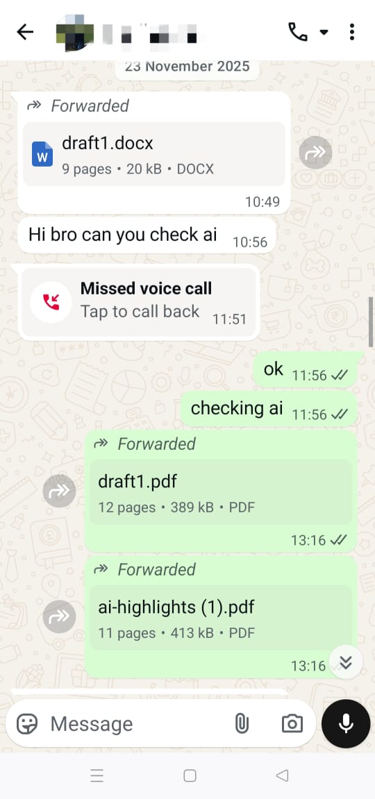 WhatsApp conversation showing fast 12-minute delivery of plagiarism report