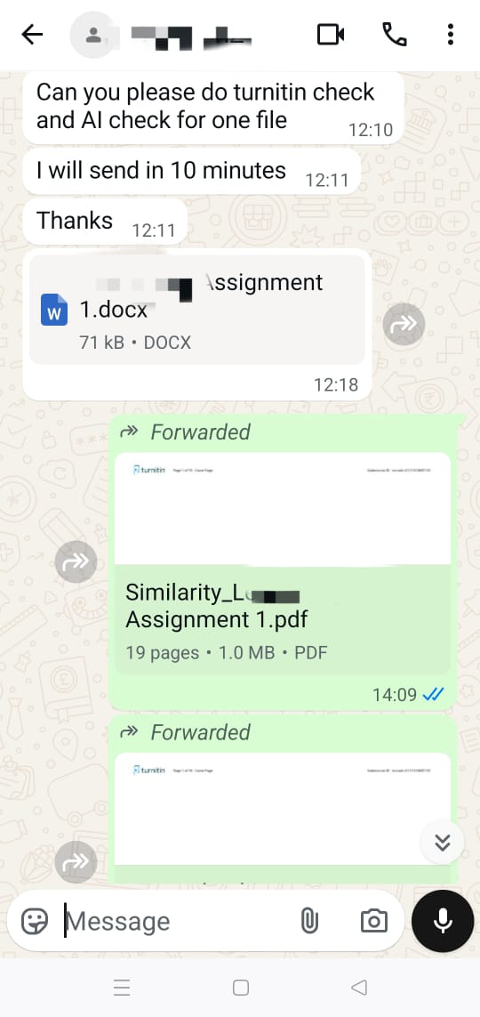 WhatsApp chat confirming affordable Rs 200 pricing for plagiarism check