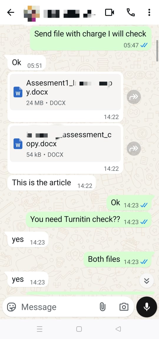 WhatsApp message verifying authentic Turnitin report quality