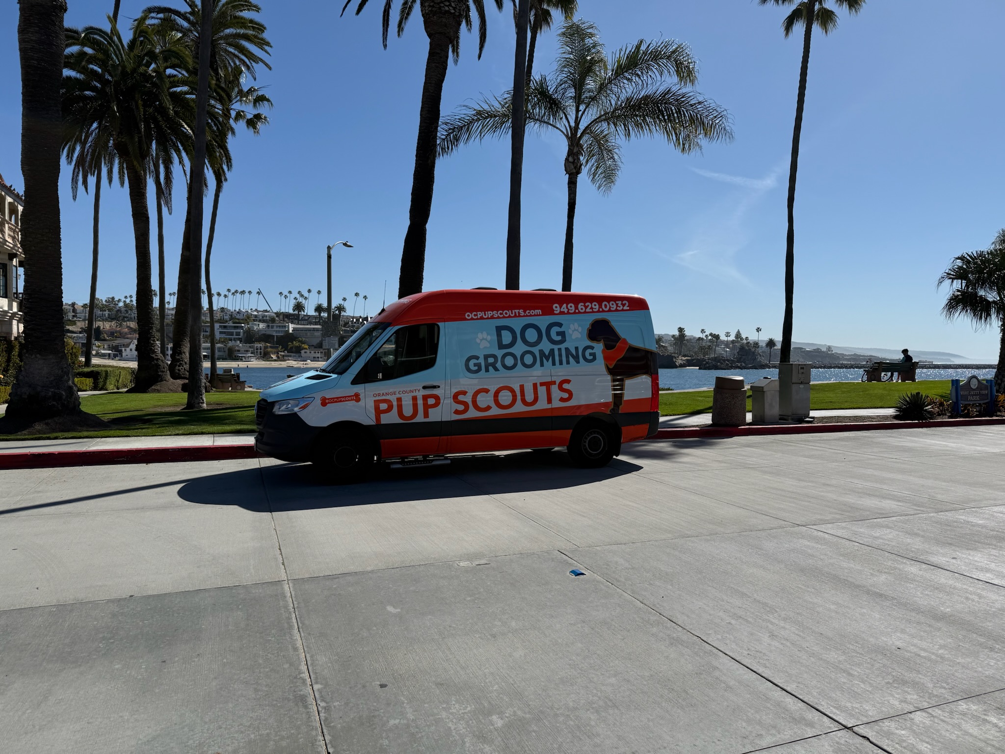 Pup Scouts van parked before a structured pack walk in San Clemente, CA neighborhood