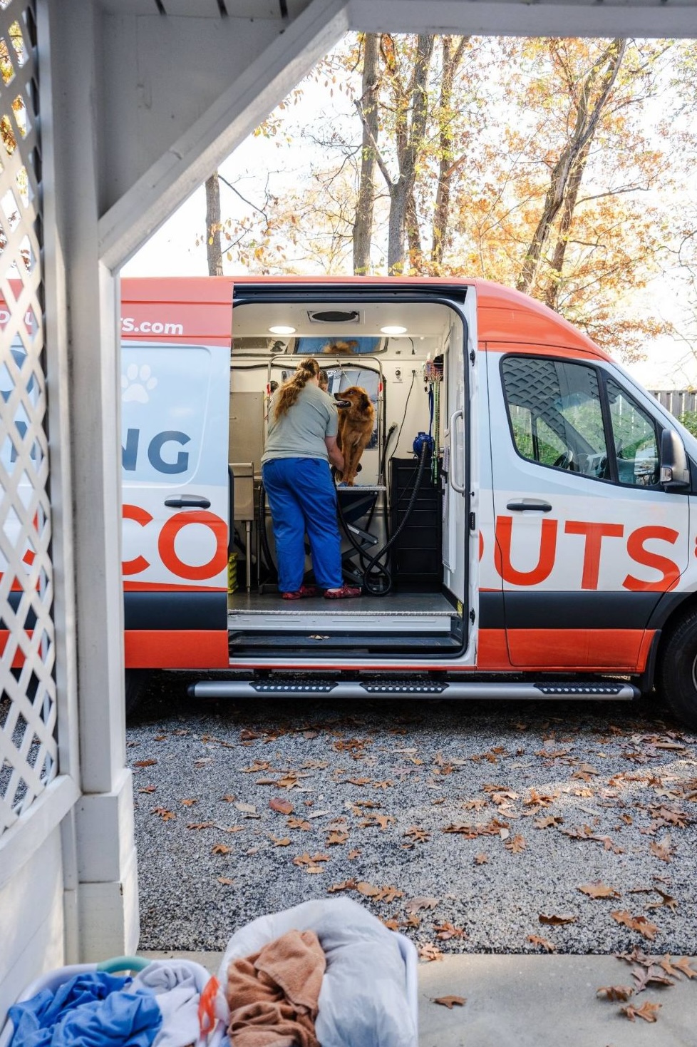 Pup Scouts mobile grooming van parked in Costa Mesa, CA, providing luxury at-home dog grooming services
