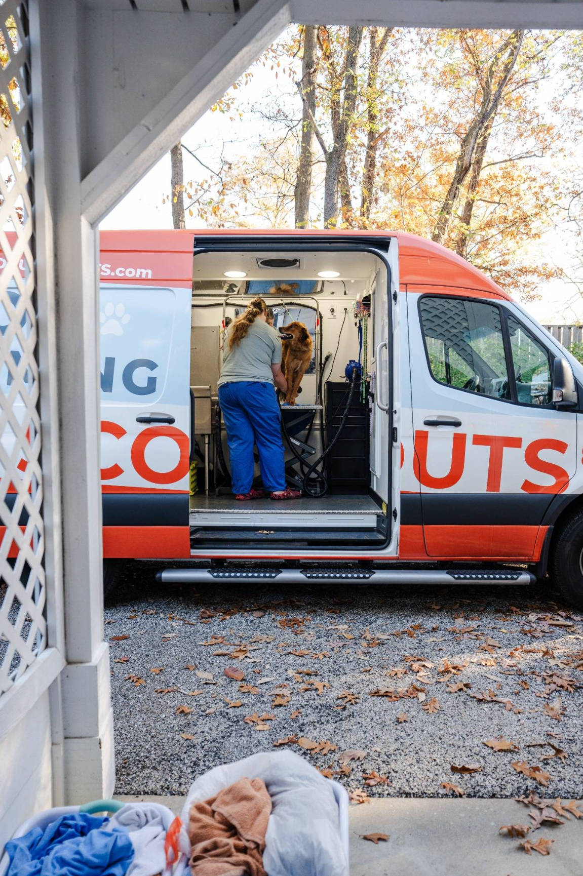 Pup Scouts mobile grooming van parked at a client’s home in Pasadena, MD