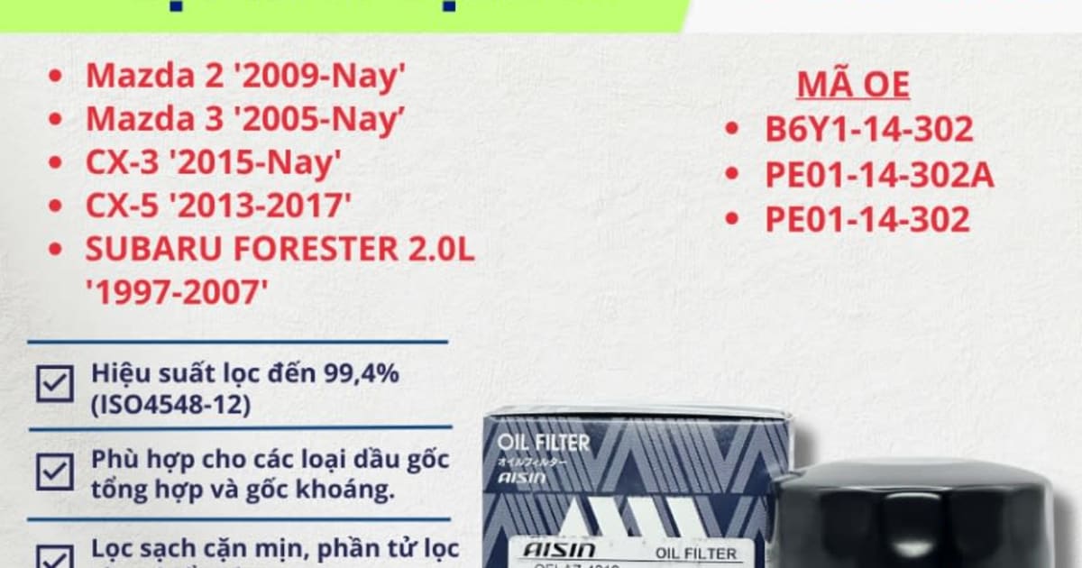 Lọc nhớt động cơ Mazda, Hyundai, Subaru hiệu Aisin mã OFLAZ-4012