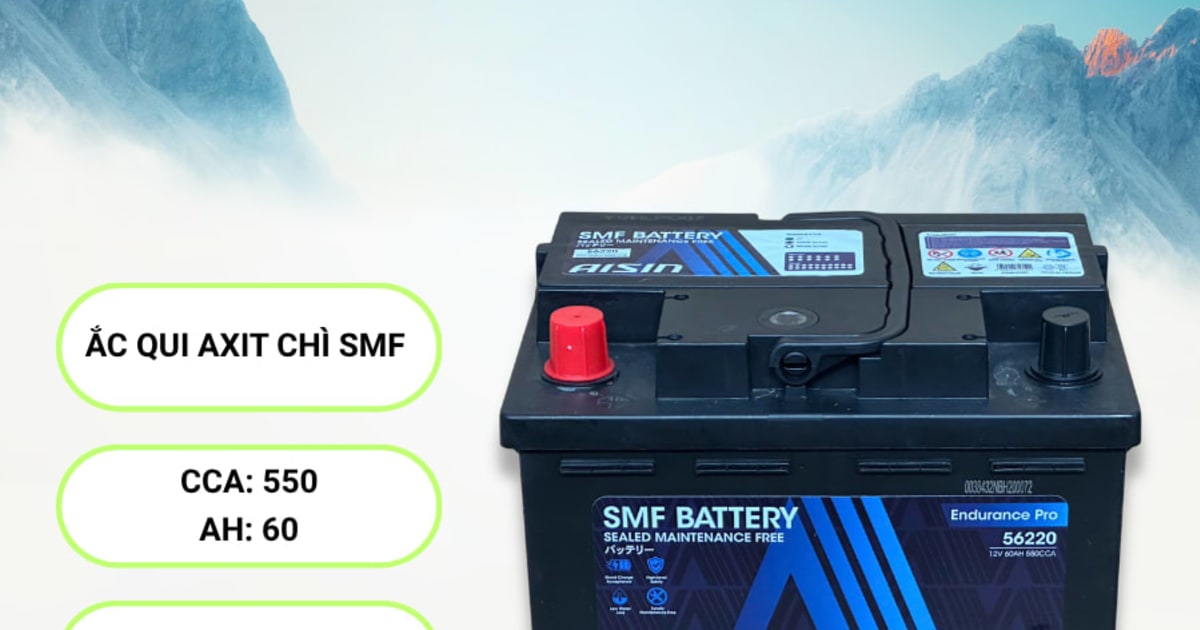 Ắc qui axit chì SMF - Automotive Battery, P/N: BTR4S-56220, Loại: 12V, dung lượng: 60AH, dòng khởi động nguội CCA: 550A, dùng để khởi động động cơ piston cho xe ô tô - Nhãn hiệu: AISIN. Hàng mới 100%