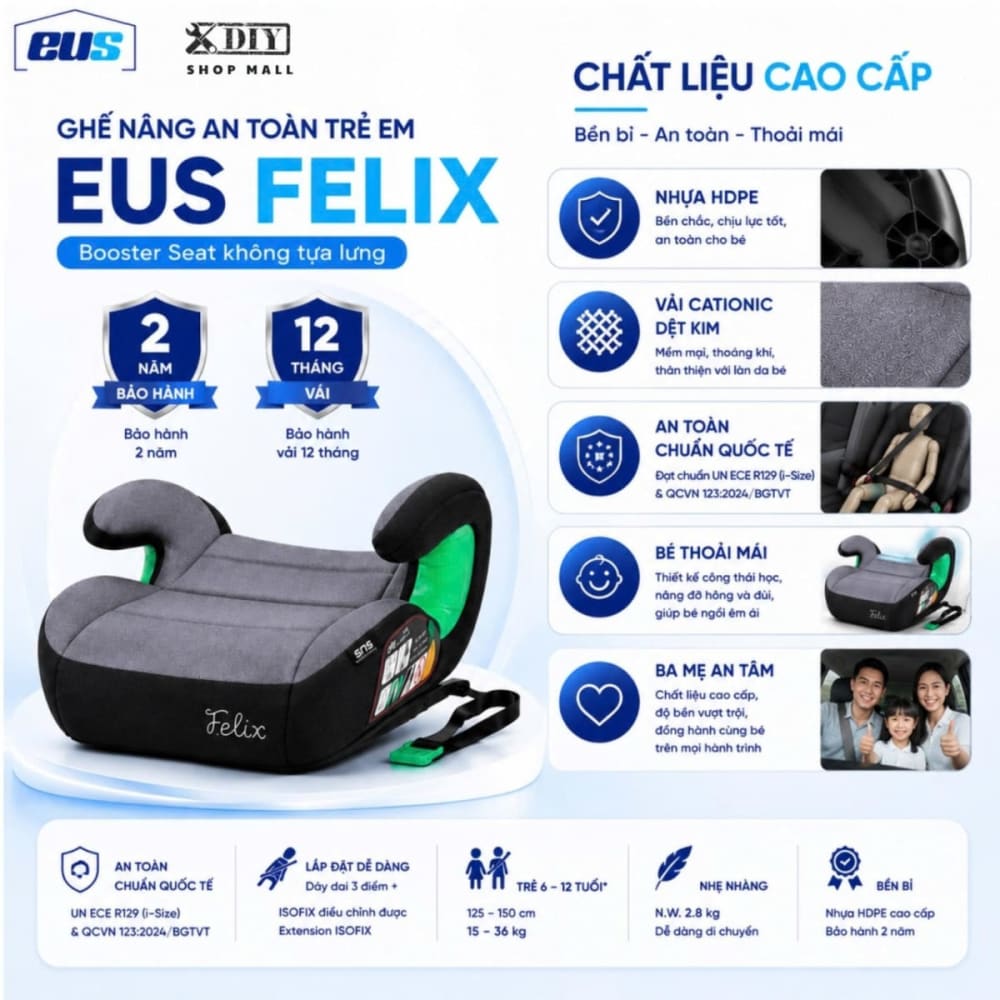 Ghế nâng an toàn trẻ em hiệu EUS FIX -CHUẨN QUỐC TẾ, an tâm cho con trên mọi chuyến đi