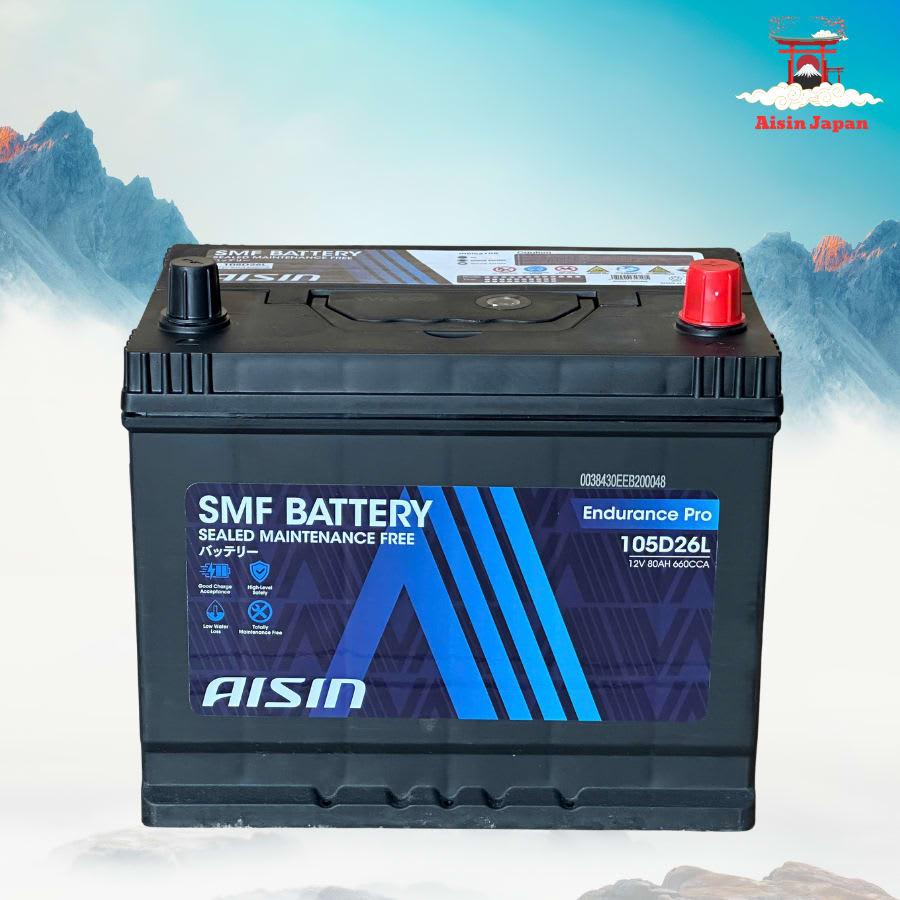Ắc qui axit chì SMF - Automotive Battery, P/N: BTR4S-105D26L, Loại: 12V, dung lượng: 80AH, dòng khởi động nguội CCA: 660A, dùng để khởi động động cơ piston cho xe ô tô - Nhãn hiệu: AISIN. Hàng mới 100%