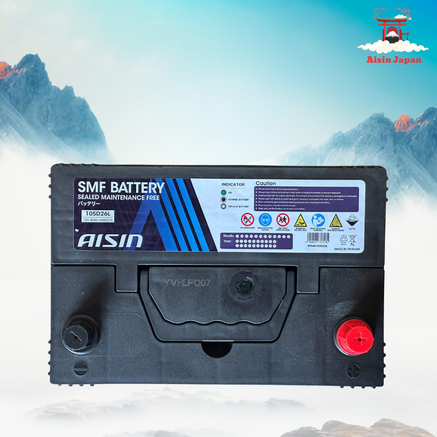 Ắc qui axit chì SMF - Automotive Battery, P/N: BTR4S-105D26L, Loại: 12V, dung lượng: 80AH, dòng khởi động nguội CCA: 660A, dùng để khởi động động cơ piston cho xe ô tô - Nhãn hiệu: AISIN. Hàng mới 100%