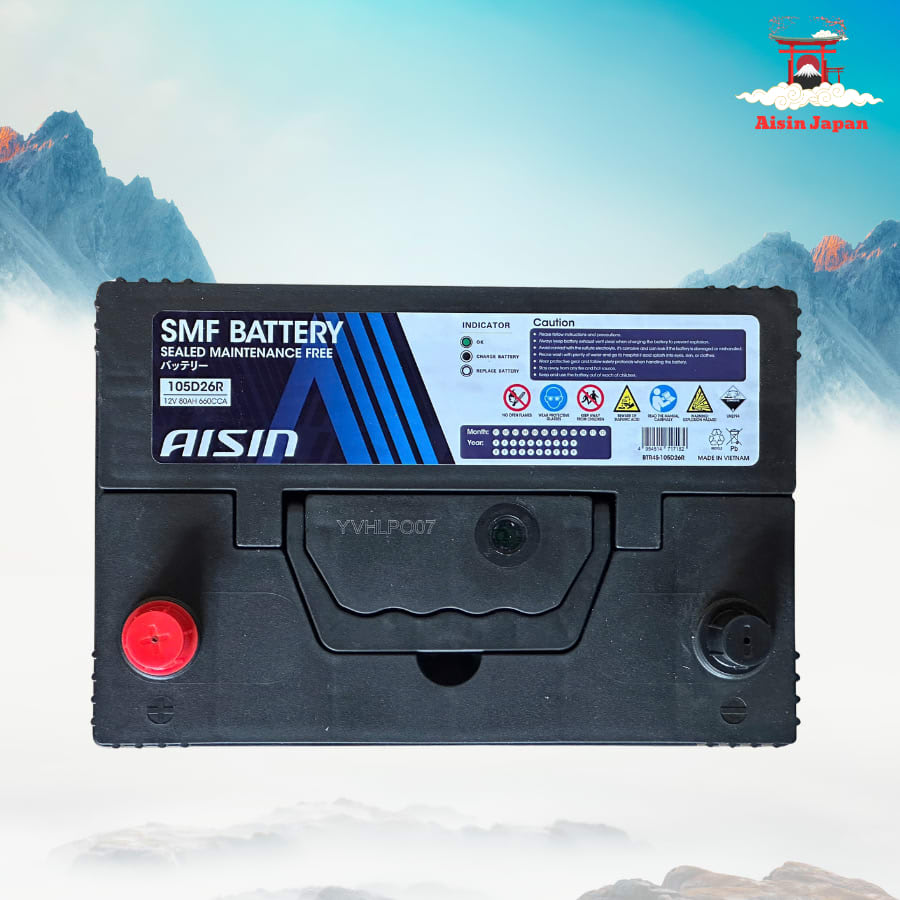 Ắc qui axit chì SMF - Automotive Battery, P/N: BTR4S-105D26R, Loại: 12V, dung lượng: 80AH, dòng khởi động nguội CCA: 660A, dùng để khởi động động cơ piston cho xe ô tô - Nhãn hiệu: AISIN. Hàng mới 100%
