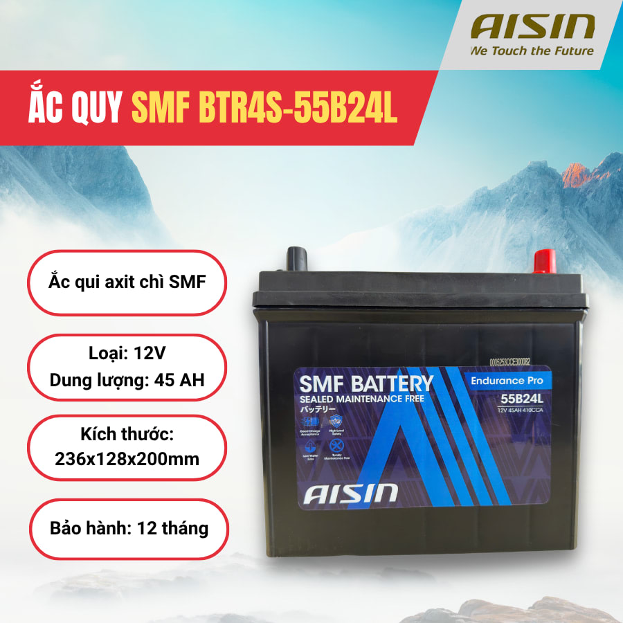 Ắc qui axit chì SMF - Automotive Battery, P/N: BTR4S-55B24L, loại 12V, dung lượng: 45AH, Kích thước: 236x128x200mm, Hiệu: AISIN, dùng để khởi động động cơ piston cho xe ô tô. Mới 100%