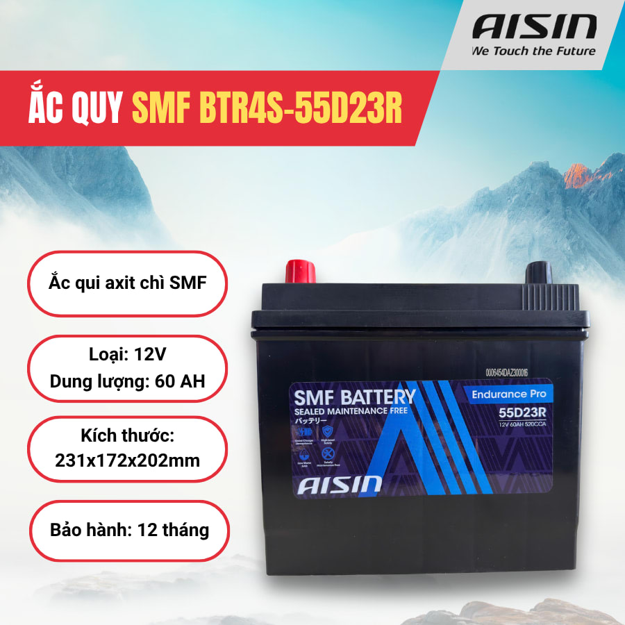 Ắc qui axit chì SMF - Automotive Battery, P/N: BTR4S-55D23R, loại 12V, dung lượng: 60AH, Kích thước: 231x172x202mm, Hiệu: AISIN, dùng để khởi động động cơ piston cho xe ô tô. Mới 100%