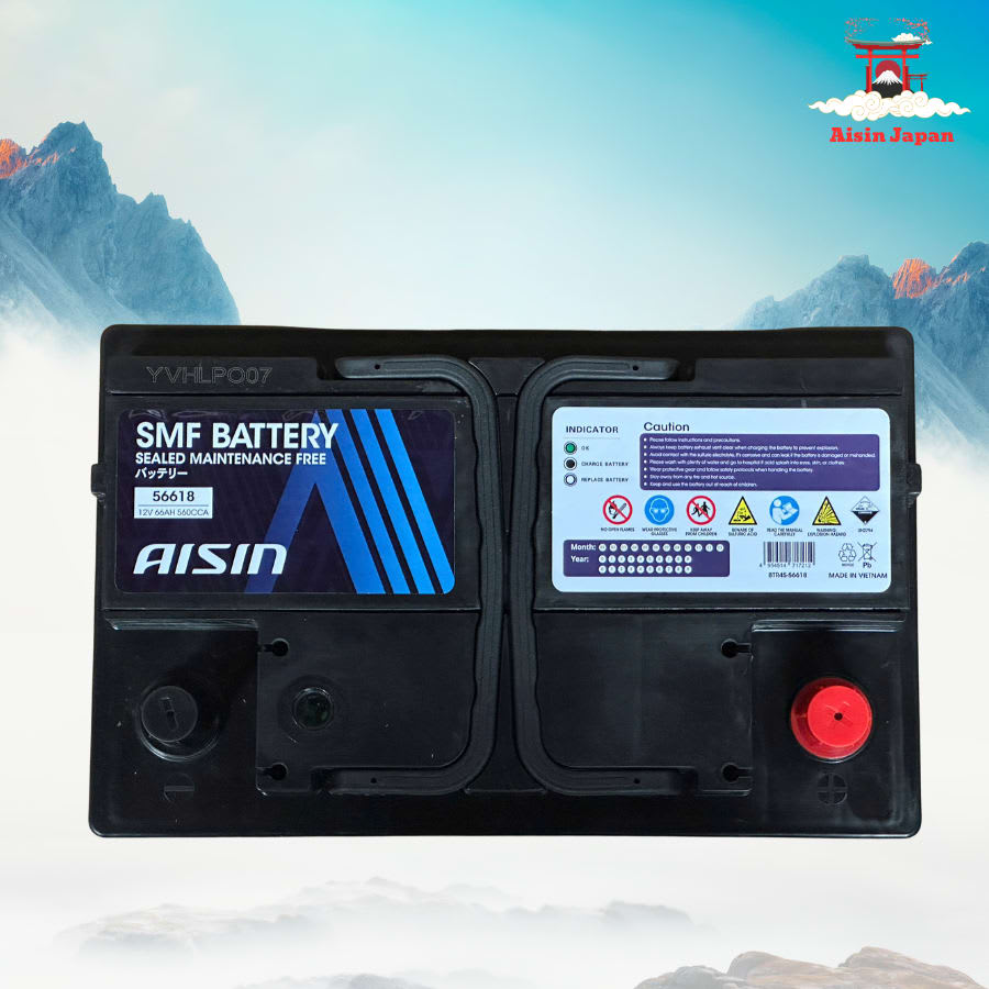 Ắc qui axit chì SMF - Automotive Battery, P/N: BTR4S-56618, Loại: 12V, dung lượng: 66AH, dòng khởi động nguội CCA: 560A, dùng để khởi động động cơ piston cho xe ô tô - Nhãn hiệu: AISIN. Hàng mới 100%