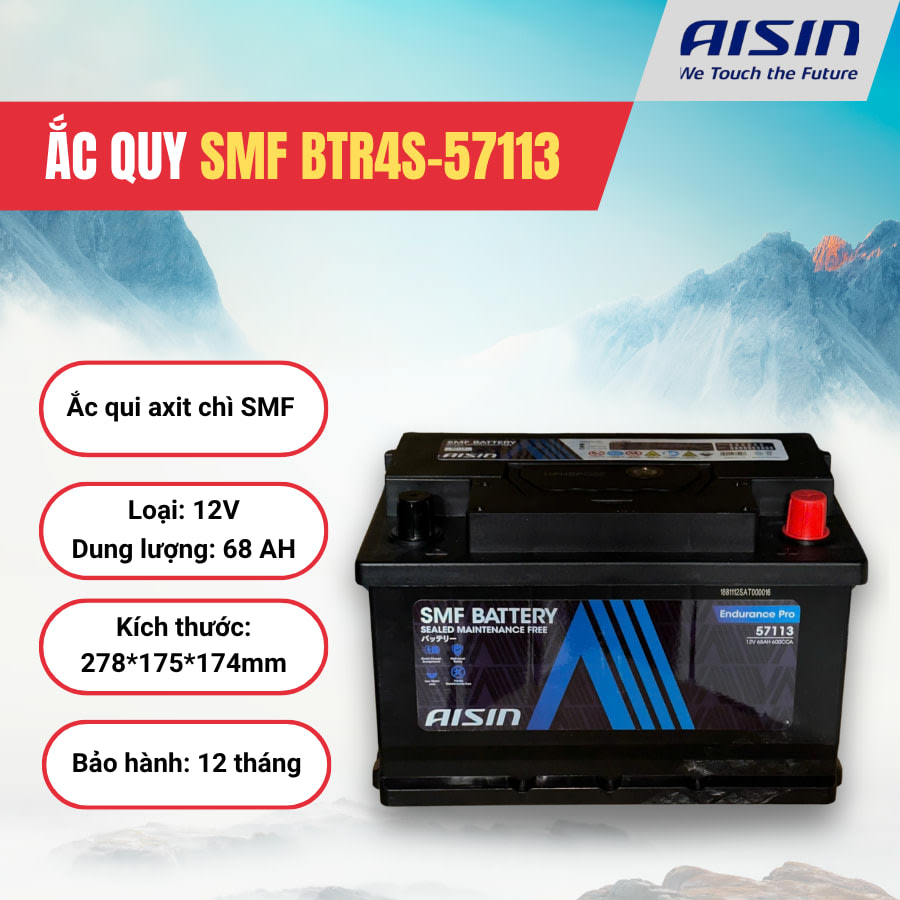 Ắc qui axit chì SMF - Automotive Battery, P/N: BTR4S-57113, Loại: 12V, dung lượng: 68AH, Kích thước: 278*175*174mm, dùng để khởi động động cơ piston cho xe ô tô - Nhãn hiệu: AISIN. Hàng mới 100%