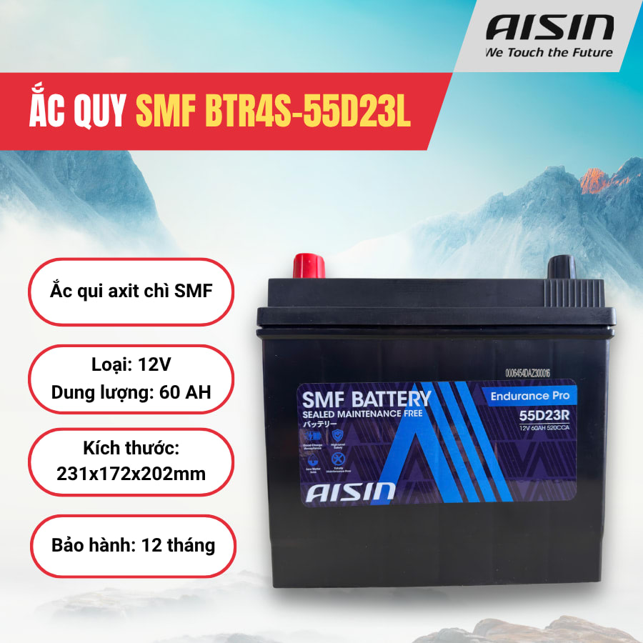 Ắc qui axit chì SMF - Automotive Battery, P/N: BTR4S-55D23L, loại 12V, dung lượng: 60AH, Kích thước: 231x172x202mm, Hiệu: AISIN, dùng để khởi động động cơ piston cho xe ô tô. Mới 100%