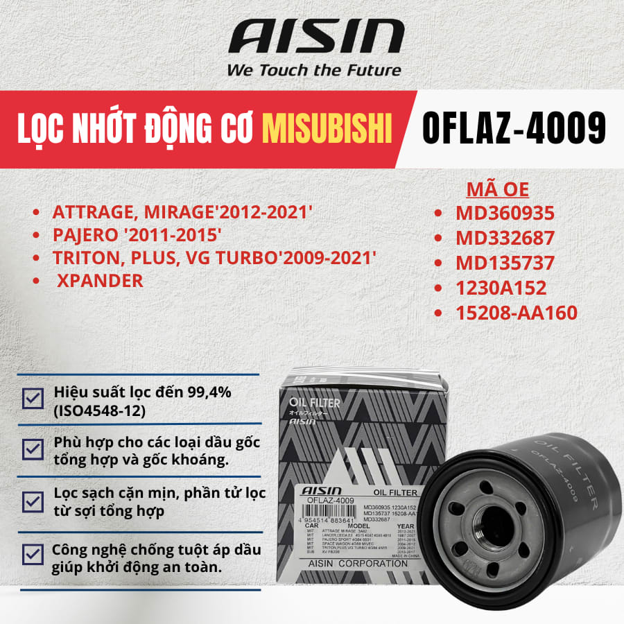 Lọc nhớt động cơ Mitsubishi hiệu Aisin mã OFLAZ-4009