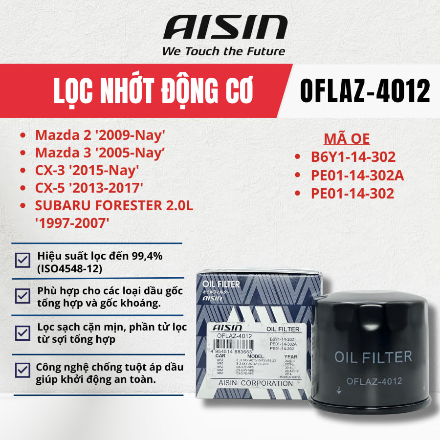 Lọc nhớt động cơ Mazda, Hyundai, Subaru hiệu Aisin mã OFLAZ-4012