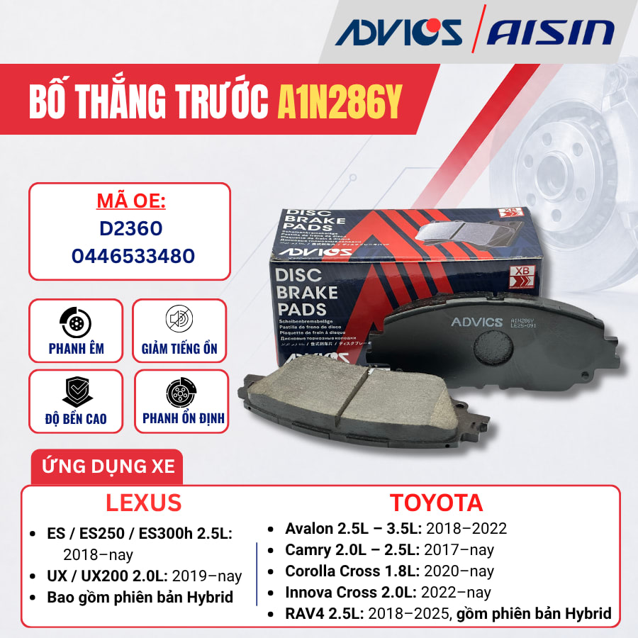 Bố thắng trước Toyota Camry, Corolla Cross / Lexus ES, ES250 - ADVICS A1N286Y