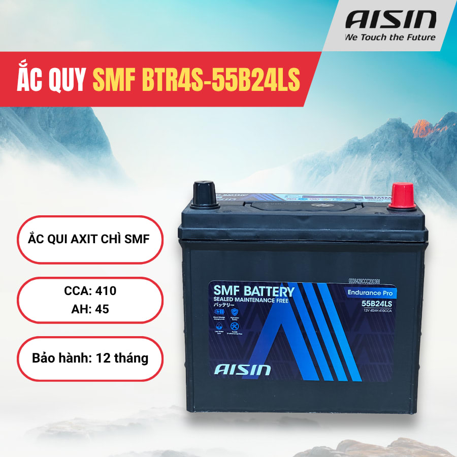 Ắc qui axit chì SMF - Automotive Battery, P/N: BTR4S-55B24LS, Loại: 12V, dung lượng: 45AH, dòng khởi động nguội CCA: 410A, dùng để khởi động động cơ piston cho xe ô tô - Nhãn hiệu: AISIN. Hàng mới 100%