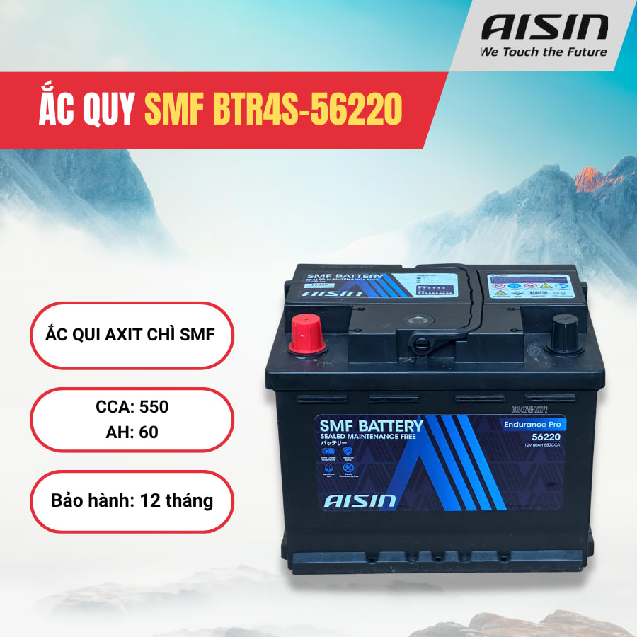 Ắc qui axit chì SMF - Automotive Battery, P/N: BTR4S-56220, Loại: 12V, dung lượng: 60AH, dòng khởi động nguội CCA: 550A, dùng để khởi động động cơ piston cho xe ô tô - Nhãn hiệu: AISIN. Hàng mới 100%