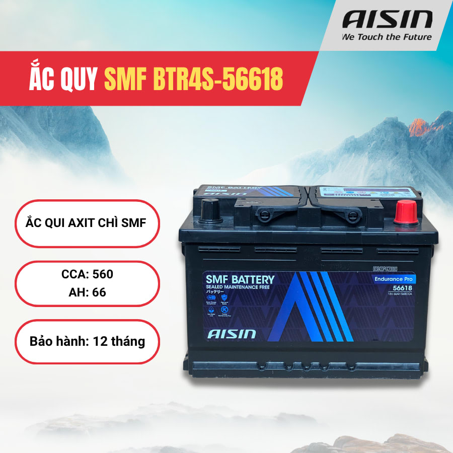 Ắc qui axit chì SMF - Automotive Battery, P/N: BTR4S-56618, Loại: 12V, dung lượng: 66AH, dòng khởi động nguội CCA: 560A, dùng để khởi động động cơ piston cho xe ô tô - Nhãn hiệu: AISIN. Hàng mới 100%