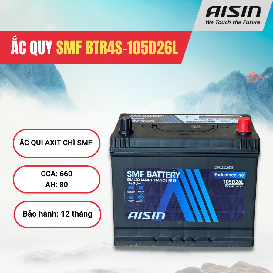 Ắc qui axit chì SMF - Automotive Battery, P/N: BTR4S-105D26L, Loại: 12V, dung lượng: 80AH, dòng khởi động nguội CCA: 660A, dùng để khởi động động cơ piston cho xe ô tô - Nhãn hiệu: AISIN. Hàng mới 100%