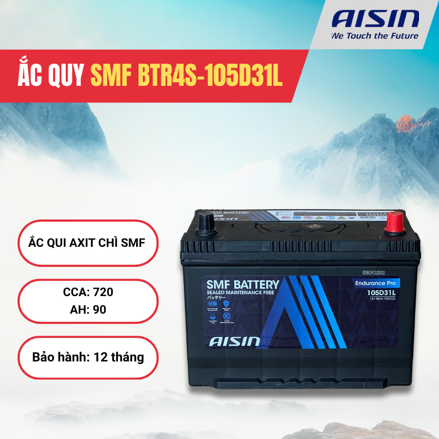 Ắc qui axit chì SMF - Automotive Battery, P/N: BTR4S-105D31L, Loại: 12V, dung lượng: 90AH, dòng khởi động nguội CCA: 720A, dùng để khởi động động cơ piston cho xe ô tô - Nhãn hiệu: AISIN. Hàng mới 100%