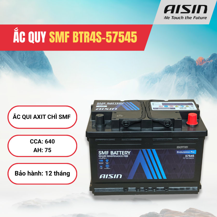 Ắc qui axit chì SMF - Automotive Battery, P/N: BTR4S-57545, Loại: 12V, dung lượng: 75AH, dòng khởi động nguội CCA: 640A, dùng để khởi động động cơ piston cho xe ô tô - Nhãn hiệu: AISIN. Hàng mới 100%