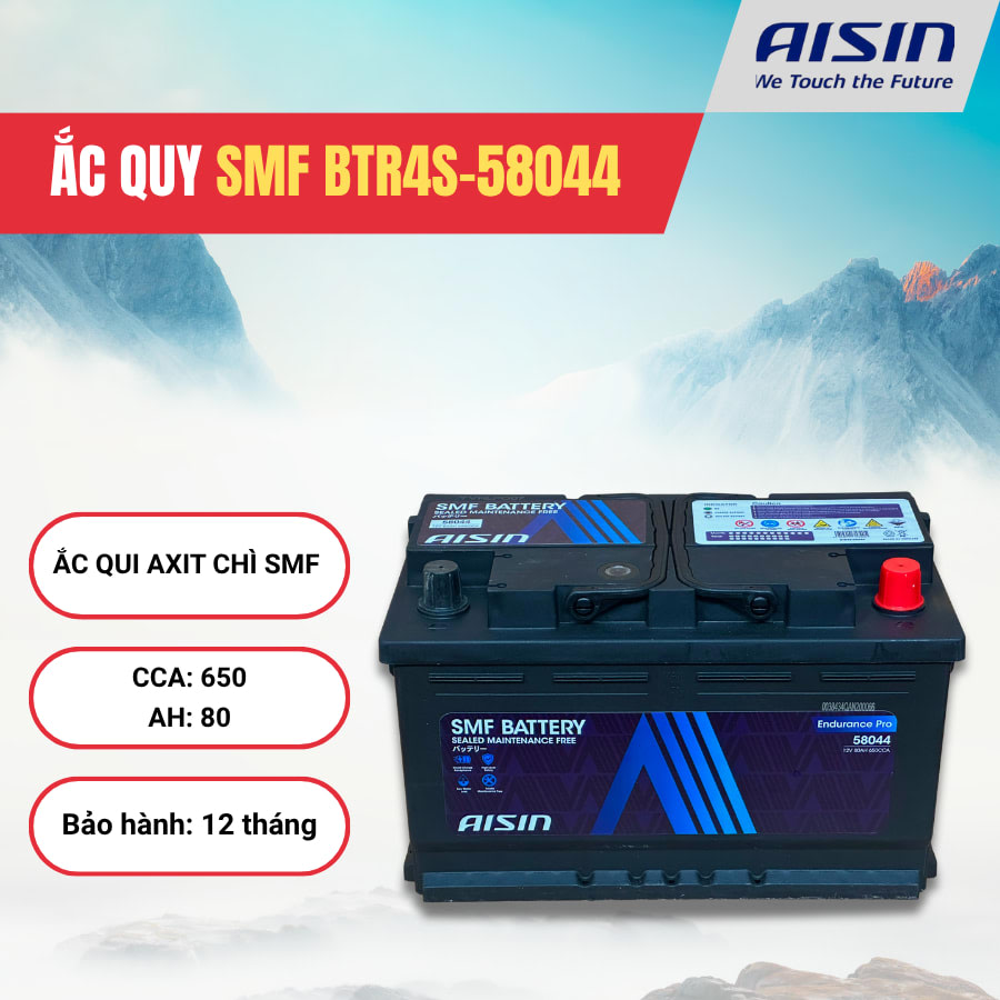 Ắc qui axit chì SMF - Automotive Battery, P/N: BTR4S-58044, Loại: 12V, dung lượng: 80AH, dòng khởi động nguội CCA: 650A, dùng để khởi động động cơ piston cho xe ô tô - Nhãn hiệu: AISIN. Hàng mới 100%