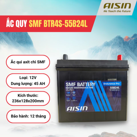 Ắc qui axit chì SMF - Automotive Battery, P/N: BTR4S-55B24L, loại 12V, dung lượng: 45AH, Kích thước: 236x128x200mm, Hiệu: AISIN, dùng để khởi động động cơ piston cho xe ô tô. Mới 100%
