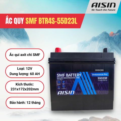 Ắc qui axit chì SMF - Automotive Battery, P/N: BTR4S-55D23L, loại 12V, dung lượng: 60AH, Kích thước: 231x172x202mm, Hiệu: AISIN, dùng để khởi động động cơ piston cho xe ô tô. Mới 100%