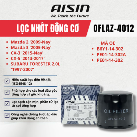 Lọc nhớt động cơ Mazda, Hyundai, Subaru hiệu Aisin mã OFLAZ-4012