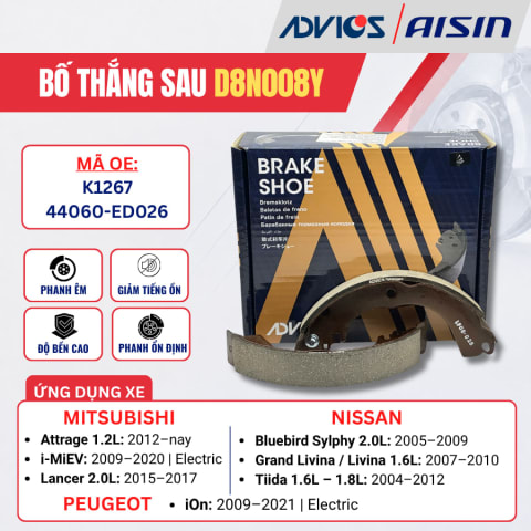 Bố thắng sau Nissan Tiida, Bluebird Sylphy / Mitsubishi Attrage, i-MiEV - ADVICS D8N008Y