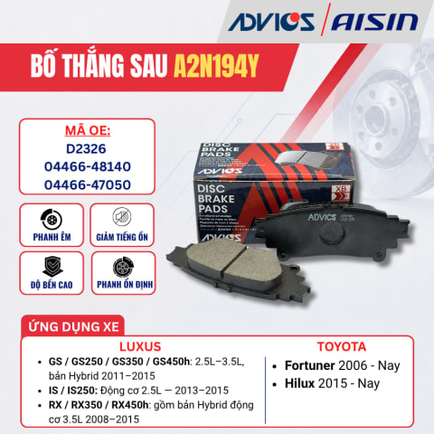 Bố thắng sau Toyota Highlander, Sienna / Lexus RX, GS - ADVICS A2N194Y