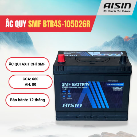 Ắc qui axit chì SMF - Automotive Battery, P/N: BTR4S-105D26R, Loại: 12V, dung lượng: 80AH, dòng khởi động nguội CCA: 660A, dùng để khởi động động cơ piston cho xe ô tô - Nhãn hiệu: AISIN. Hàng mới 100%