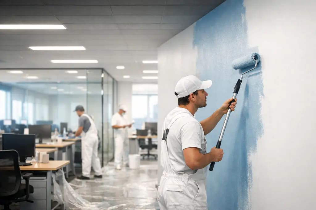 Professional commercial painter repainting an office interior wall during a commercial painting project Gold Coast