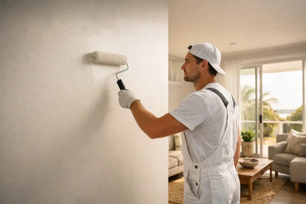 Professional house painter applying fresh paint to a living room wall inside a modern Gold Coast home