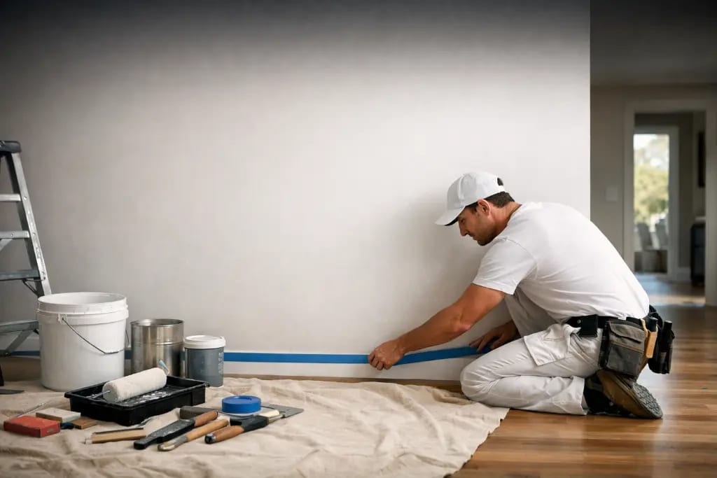 Professional house painter carefully preparing a wall before painting inside a Gold Coast home