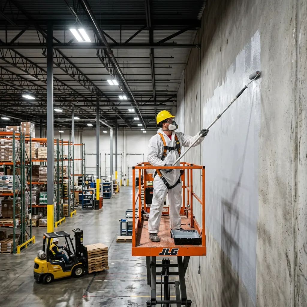 Large warehouse interior showing durable industrial painting coatings applied by professional painters Gold Coast