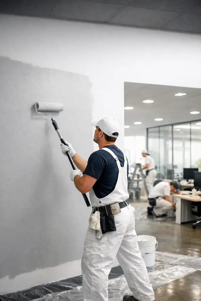 Office interior painting in progress with a commercial painter applying fresh paint inside a modern workspace