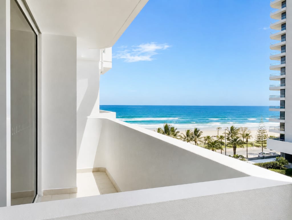 Freshly painted apartment balcony in Surfers Paradise with ocean and beach views