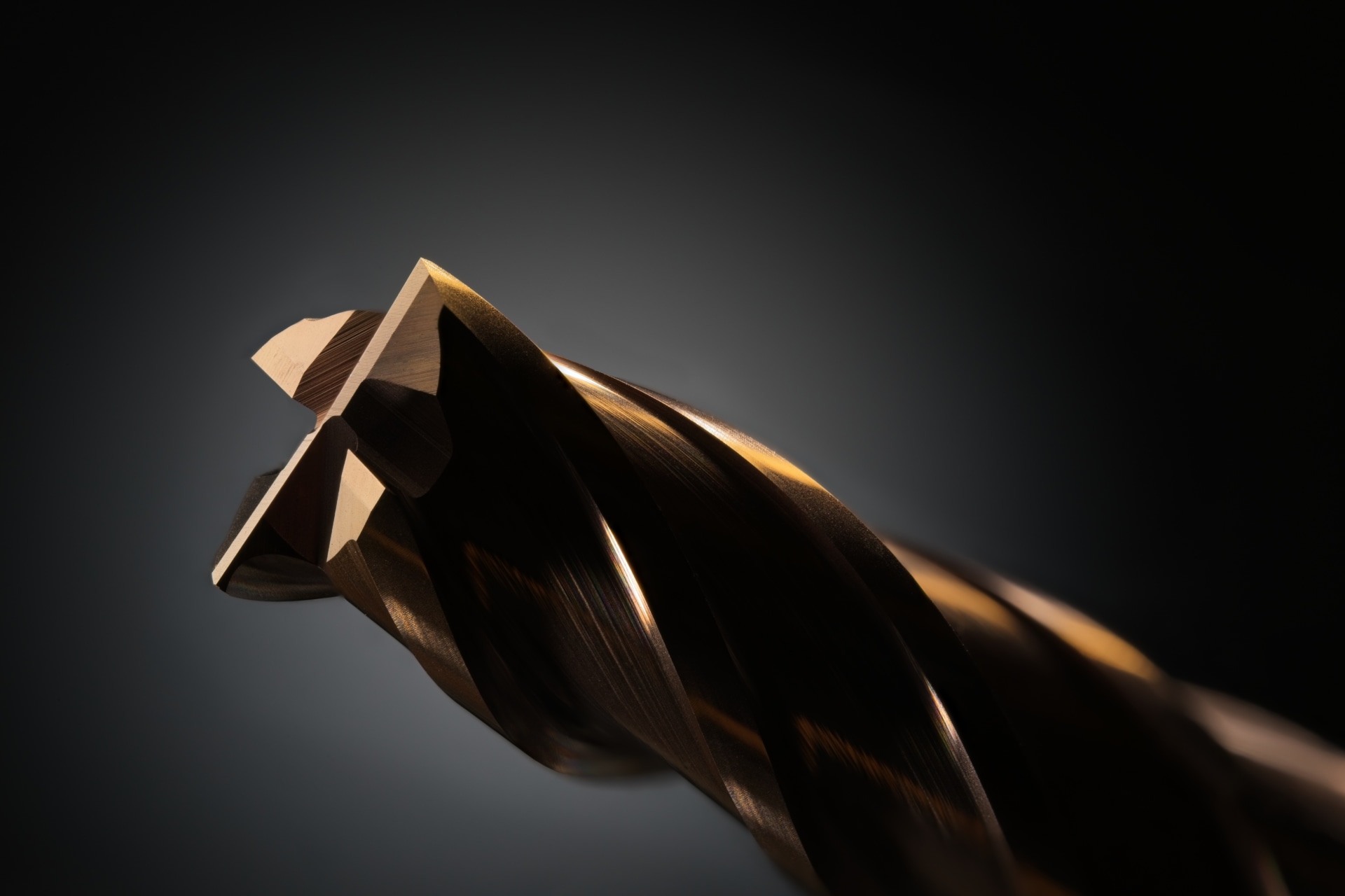 Focus-stacked macro of a coated end mill