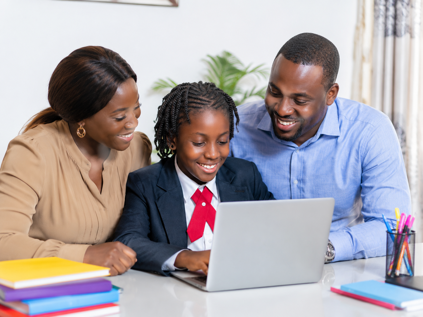 Students reviewing school updates in a modern learning environment