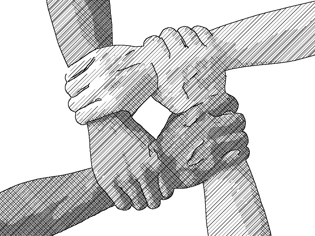 Illustration of four interlocked hands