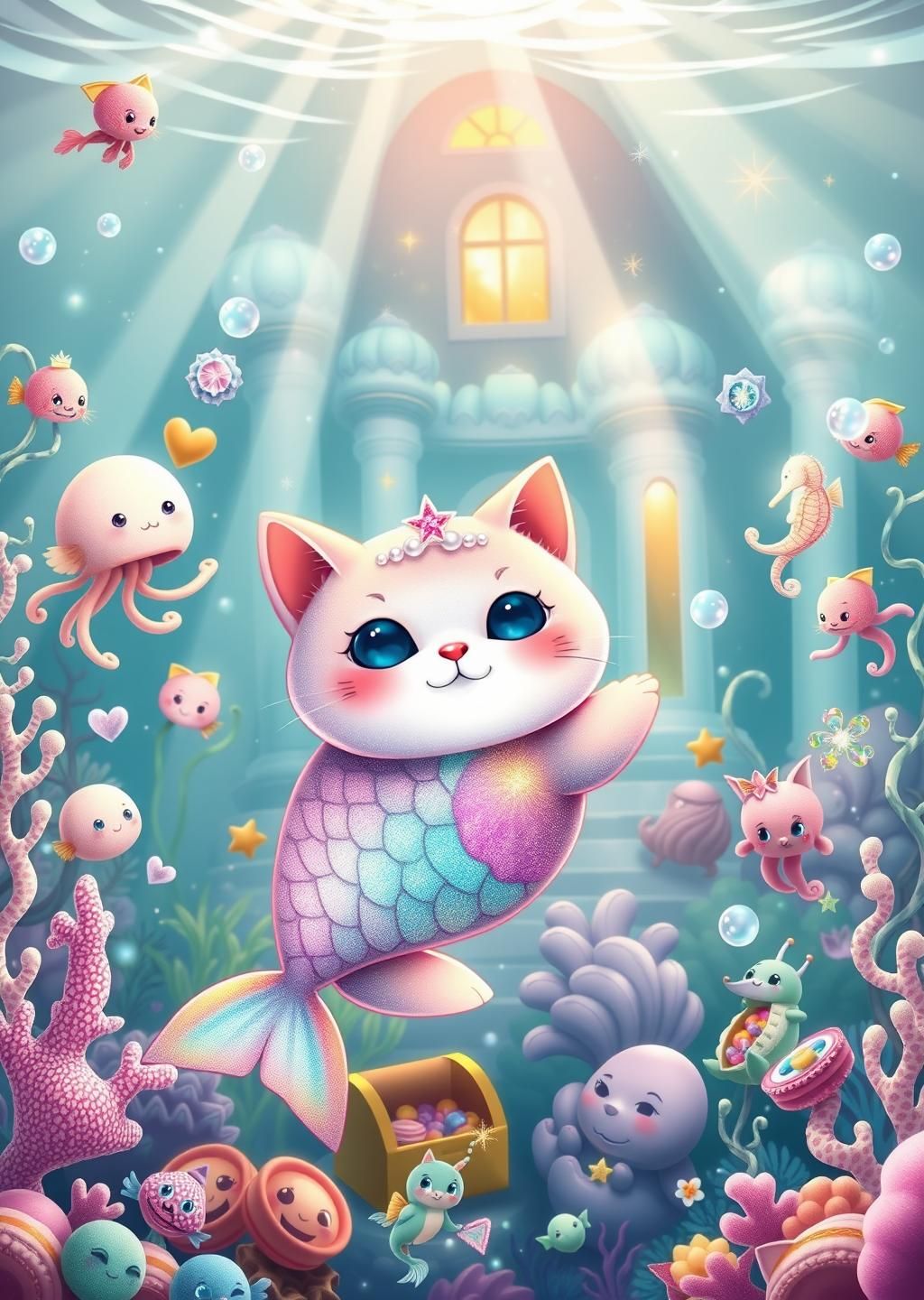 Kawaii Mermaid Cat Ocean Fantasy Wallpaper