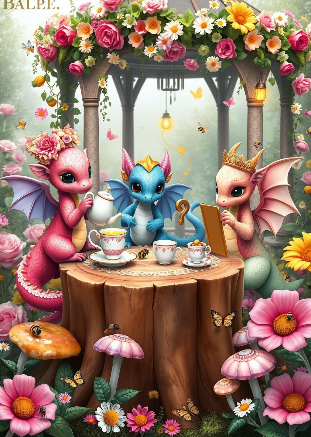 Baby Dragons Tea Party Garden Wallpaper
