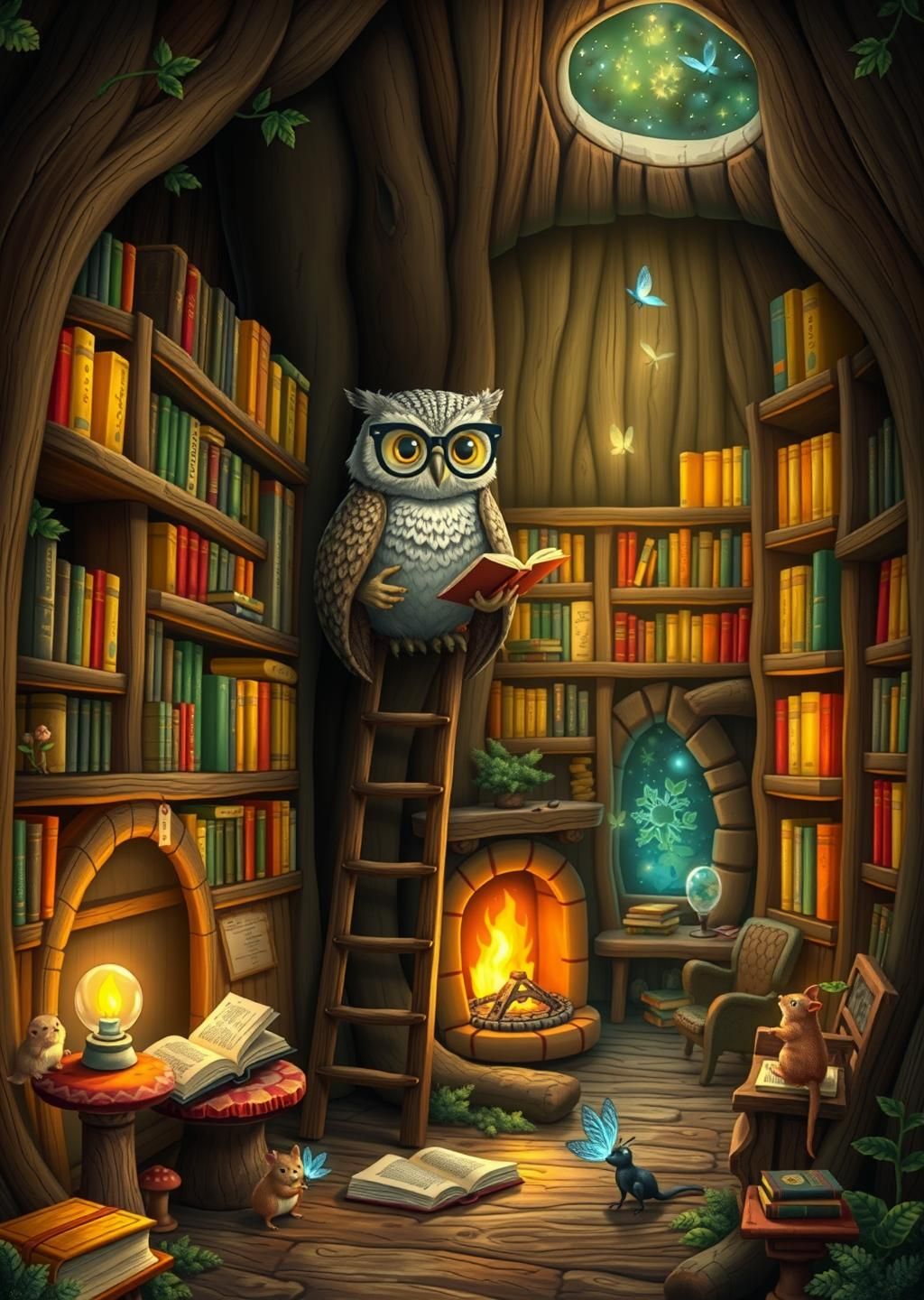 Magical Owl Library Forest Study Wallpaper
